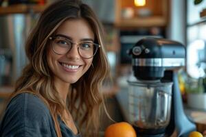 AI generated a woman wearing glasses smiling at a blender photo