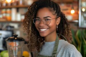 AI generated a woman wearing glasses smiling at a blender photo