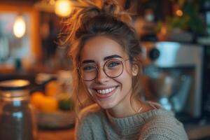 AI generated a woman wearing glasses smiling at a blender photo