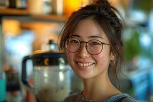 AI generated a woman wearing glasses smiling at a blender photo