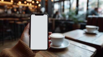 AI generated A Woman's Hand Holding a Phone with White Blank Screen at a Coffee Shop photo