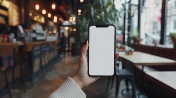 ai generado un mujer mano participación un teléfono con blanco blanco pantalla a un café tienda foto