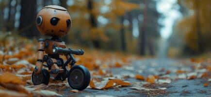 ai generado un de madera robot en un bicicleta en el ruta en otoño foto