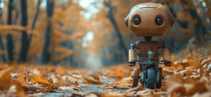 AI generated a wooden robot on a bicycle on the pathway in autumn photo