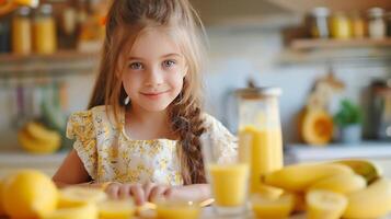 AI generated A young girl makes a banana smoothie in a shaker in a bright kitchen photo