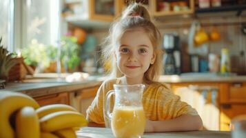 ai generado un joven niña hace un plátano zalamero en un criba vibradora en un brillante cocina foto