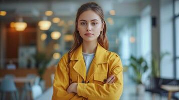 AI generated A young pretty woman in a yellow jacket stands in a modern office with her arms crossed photo