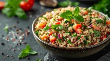 AI generated An appetizing bowl filled with a quinoa salad adorned with a variety of crunchy vegetables and herbs photo