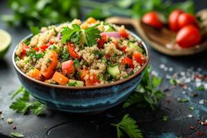 AI generated An appetizing bowl filled with a quinoa salad adorned with a variety of crunchy vegetables and herbs photo