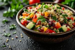 AI generated An appetizing bowl filled with a quinoa salad adorned with a variety of crunchy vegetables and herbs photo