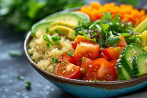 AI generated An artfully arranged bowl featuring a colorful medley of fresh vegetables, quinoa, and avocado slices photo