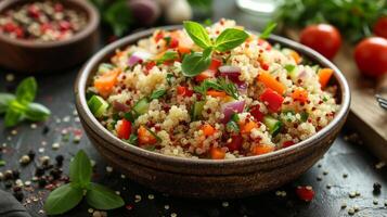 AI generated An appetizing bowl filled with a quinoa salad adorned with a variety of crunchy vegetables and herbs photo