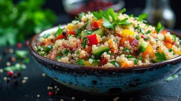 AI generated An appetizing bowl filled with a quinoa salad adorned with a variety of crunchy vegetables and herbs photo