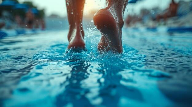 AI generated An athlete swimmer is preparing to jump into a blue pool photo