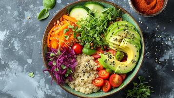 ai generado un ingeniosamente arreglado cuenco presentando un vistoso popurrí de Fresco verduras, quinua, y aguacate rebanadas foto