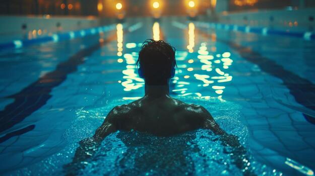 AI generated An athlete swimmer is preparing to jump into a blue pool photo