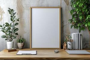 AI generated an empty frame hanging on a wooden top desk photo