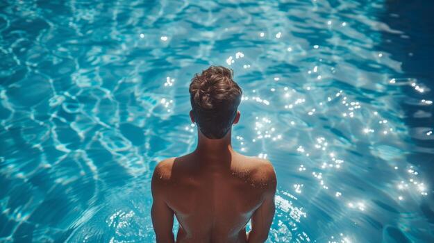 AI generated An athlete swimmer is preparing to jump into a blue pool photo