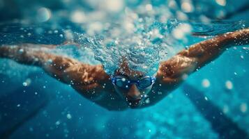 AI generated An athlete swimmer is preparing to jump into a blue pool photo