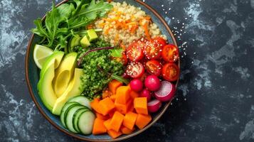 AI generated An artfully arranged bowl featuring a colorful medley of fresh vegetables, quinoa, and avocado slices photo