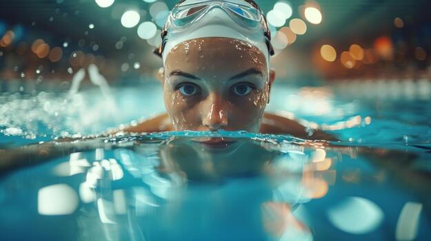 AI generated An athlete swimmer is preparing to jump into a blue pool photo