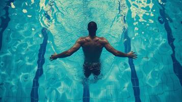 AI generated An athlete swimmer is preparing to jump into a blue pool photo