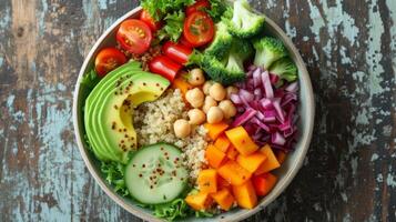 AI generated An artfully arranged bowl featuring a colorful medley of fresh vegetables, quinoa, and avocado slices photo