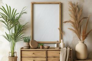 AI generated an empty frame hanging on a wooden top desk photo