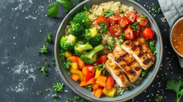 AI generated a well-portioned plate featuring grilled chicken, quinoa, and steamed vegetables photo