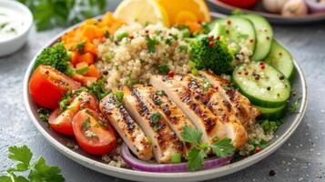 AI generated a well-portioned plate featuring grilled chicken, quinoa, and steamed vegetables photo