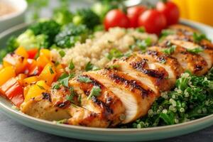 AI generated a well-portioned plate featuring grilled chicken, quinoa, and steamed vegetables photo