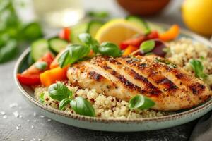 AI generated a well-portioned plate featuring grilled chicken, quinoa, and steamed vegetables photo