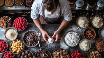 ai generado un gastos generales Disparo de un Pastelería cocinero rodeado por un formación de vistoso ingredientes foto