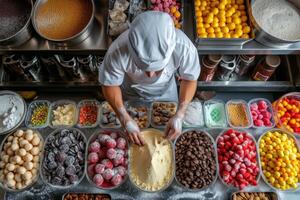 AI generated An overhead shot of a pastry chef surrounded by an array of colorful ingredients photo