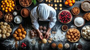 AI generated An overhead shot of a pastry chef surrounded by an array of colorful ingredients photo