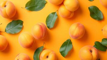 AI generated Apricots with leaves arranged on an orange background, viewed from the top in a flat lay style photo