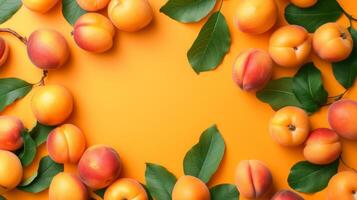 AI generated Apricots with leaves arranged on an orange background, viewed from the top in a flat lay style photo