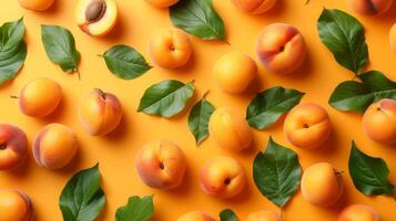 AI generated Apricots with leaves arranged on an orange background, viewed from the top in a flat lay style photo