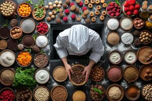 AI generated An overhead shot of a pastry chef surrounded by an array of colorful ingredients photo