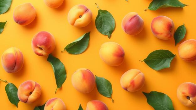 AI generated Apricots with leaves arranged on an orange background, viewed from the top in a flat lay style photo