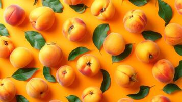 AI generated Apricots with leaves arranged on an orange background, viewed from the top in a flat lay style photo