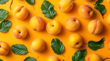AI generated Apricots with leaves arranged on an orange background, viewed from the top in a flat lay style photo