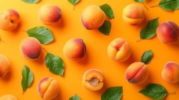 AI generated Apricots with leaves arranged on an orange background, viewed from the top in a flat lay style photo