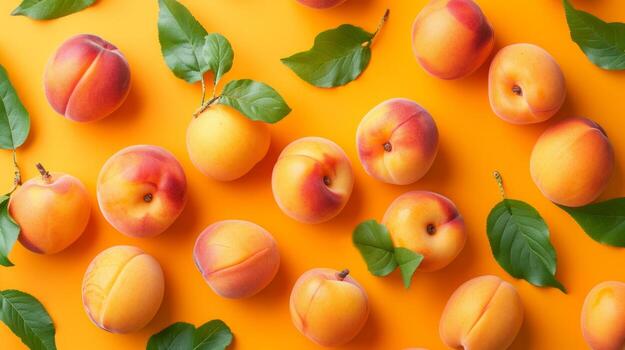 AI generated Apricots with leaves arranged on an orange background, viewed from the top in a flat lay style photo