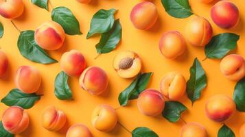 AI generated Apricots with leaves arranged on an orange background, viewed from the top in a flat lay style photo