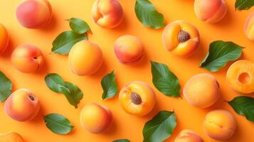 AI generated Apricots with leaves arranged on an orange background, viewed from the top in a flat lay style photo