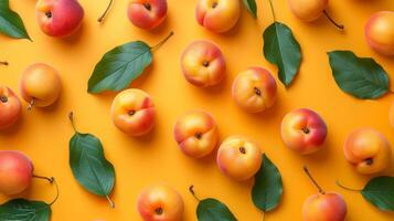 AI generated Apricots with leaves arranged on an orange background, viewed from the top in a flat lay style photo