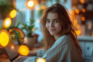 AI generated attractive young woman sitting at her desk with a laptop and a plant in her hand photo