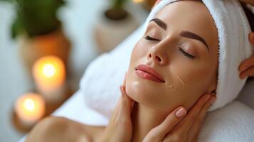 AI generated beautifil woman receiving facial massage and relaxing at spa photo