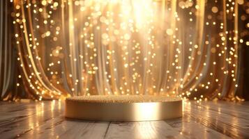AI generated Beautiful golden background with light podium for jewelry advertising photo